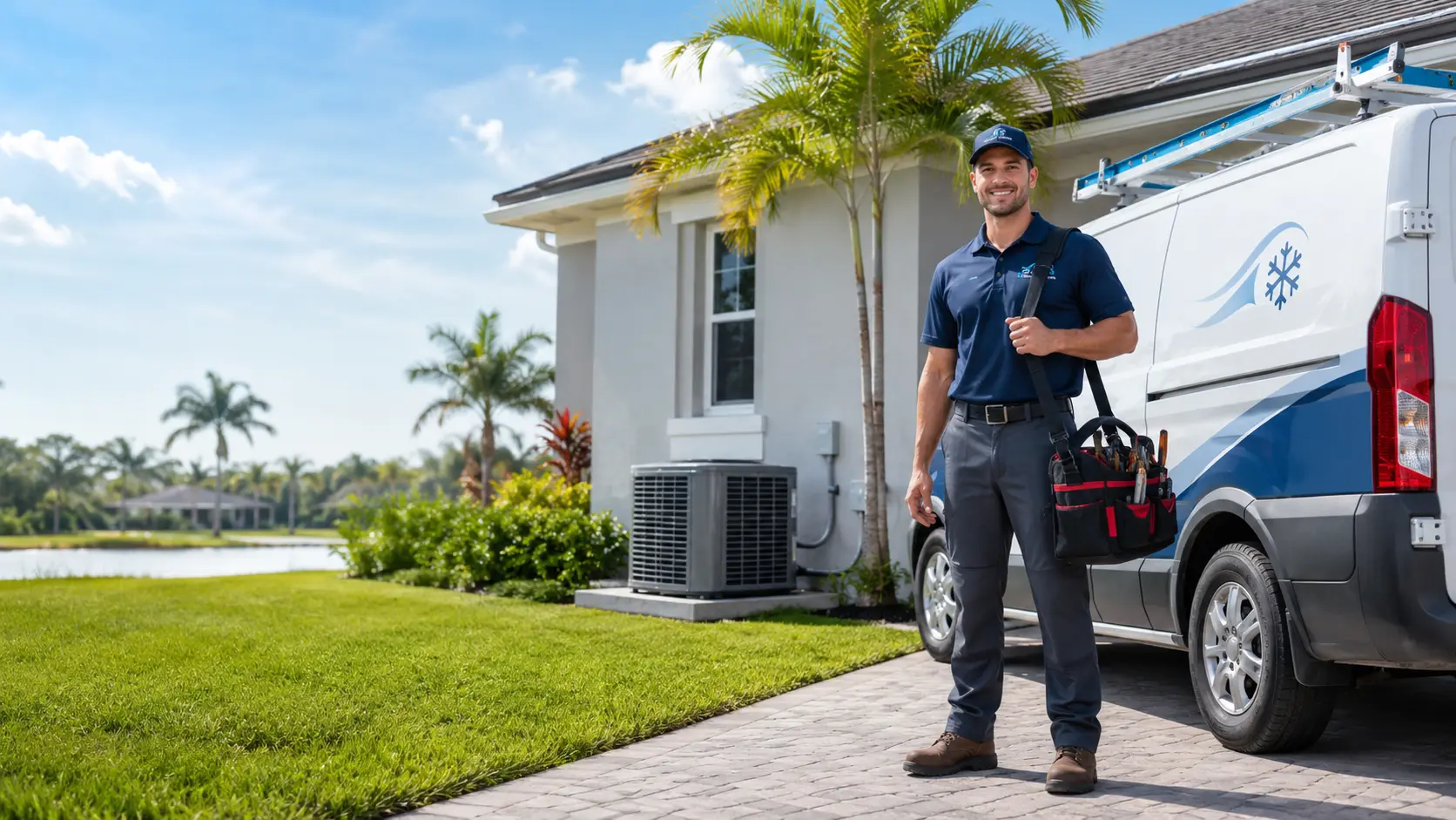 HVAC technician with a tool bag beside an air conditioning service van